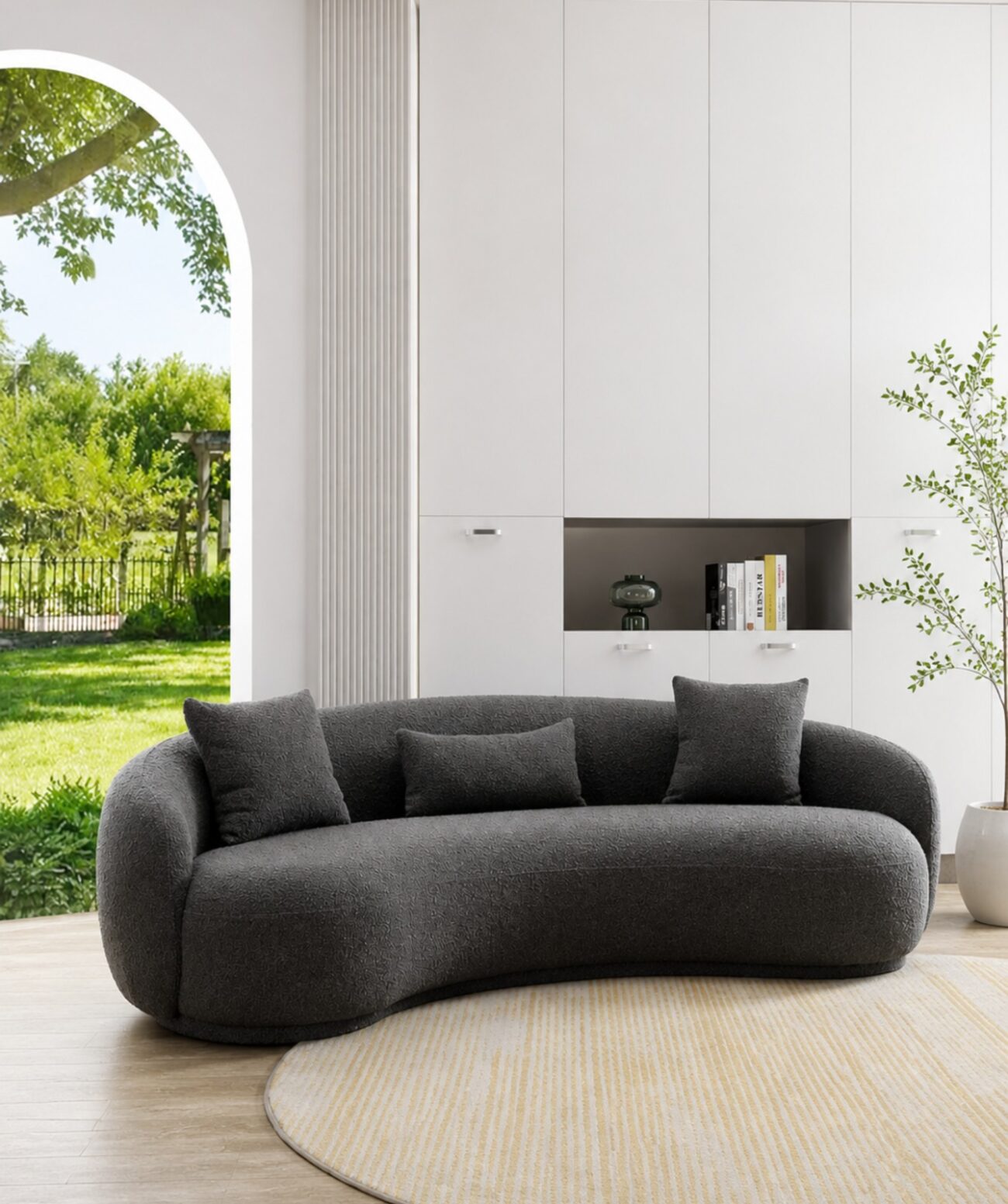 Modern Sofa Chesterfield Design with Stylish Wooden Legs Bouncy Teddy Fabric Sofa for Bedroom, Living Room, Dining Room & Hallway-(3 Seater Grey Curved). - Image 3