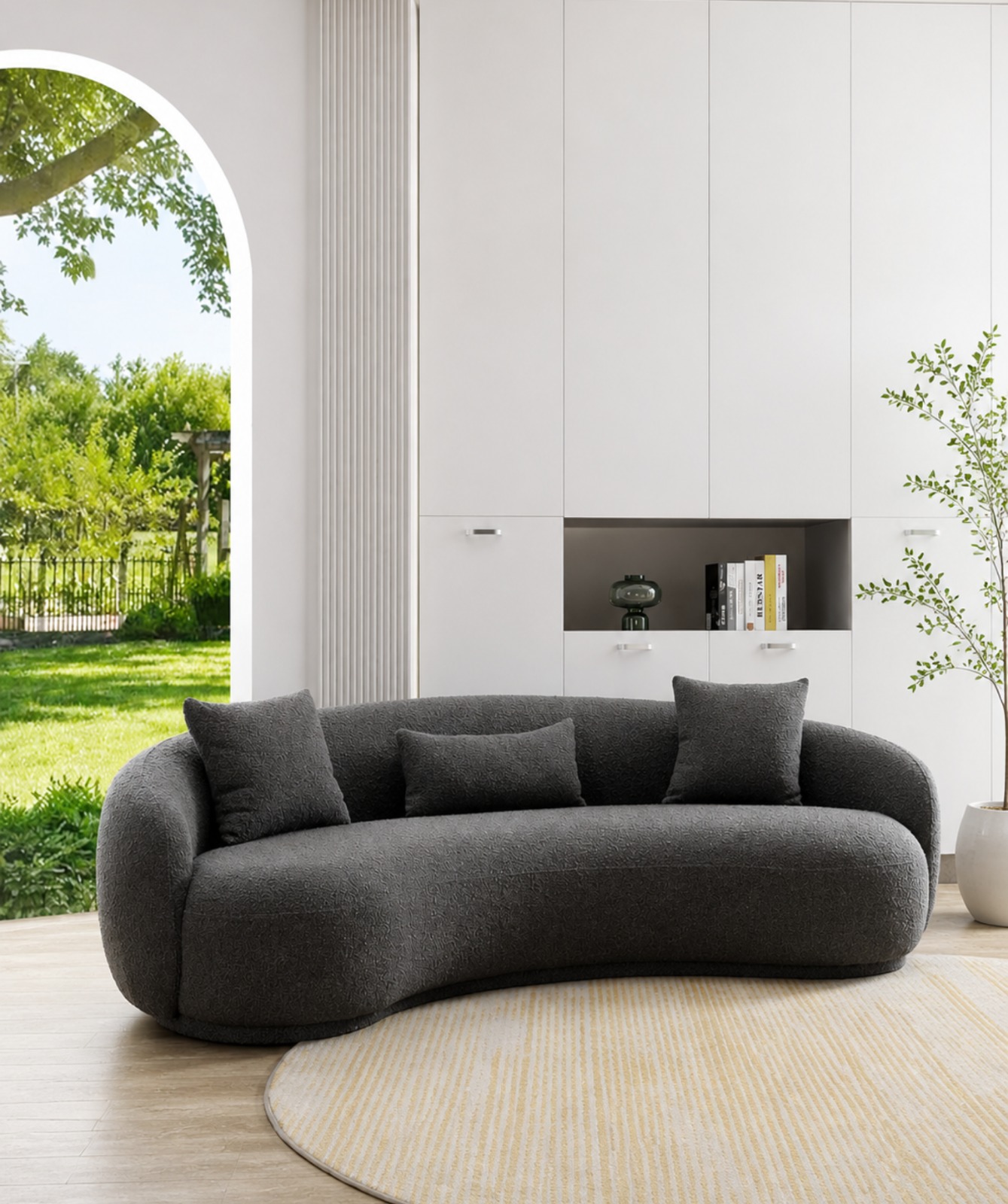 Modern Sofa Chesterfield Design with Stylish Wooden Legs Bouncy Teddy Fabric Sofa for Bedroom, Living Room, Dining Room & Hallway-(3 Seater Grey Curved). - Image 3