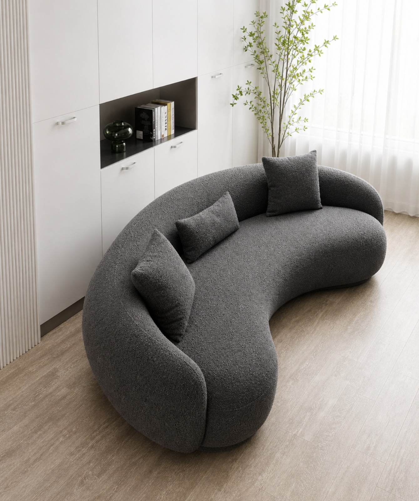 Modern Sofa Chesterfield Design with Stylish Wooden Legs Bouncy Teddy Fabric Sofa for Bedroom, Living Room, Dining Room & Hallway-(3 Seater Grey Curved). - Image 2