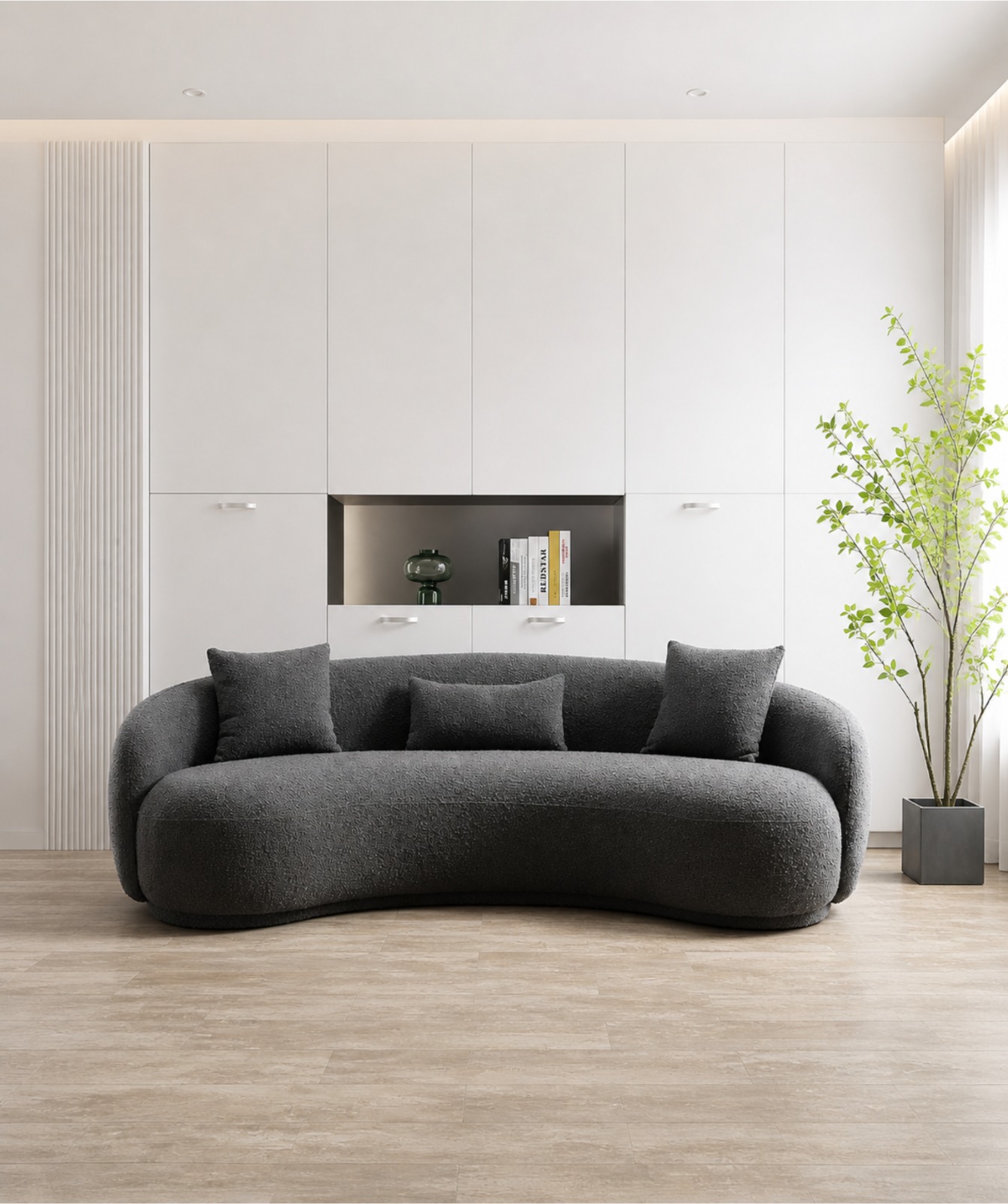 Modern Sofa Chesterfield Design with Stylish Wooden Legs Bouncy Teddy Fabric Sofa for Bedroom, Living Room, Dining Room & Hallway-(3 Seater Grey Curved).
