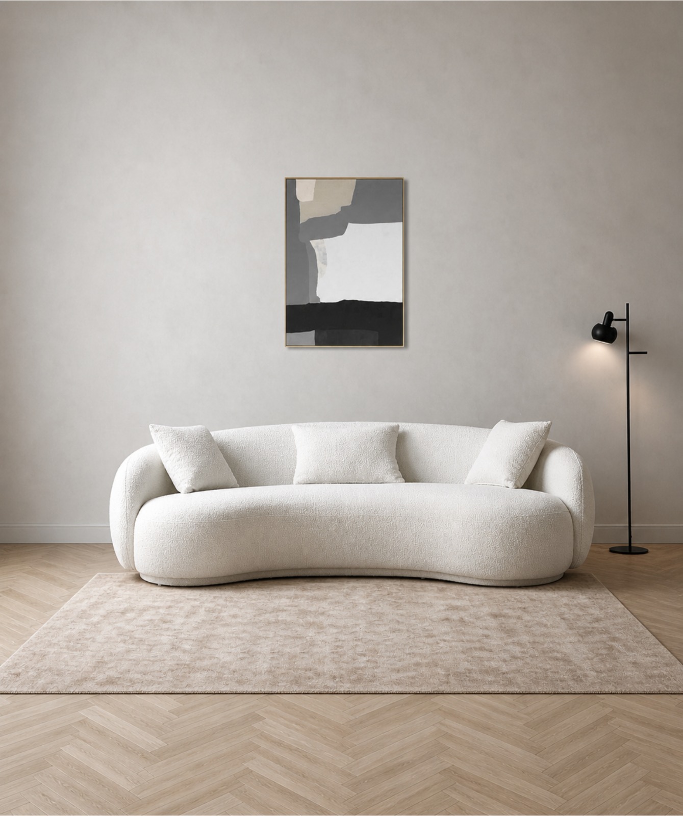 Modern Sofa Chesterfield Design with Stylish Wooden Legs Bouncy Teddy Fabric Sofa for Bedroom, Living Room, Dining Room & Hallway-(3 Seater Beige Curved).